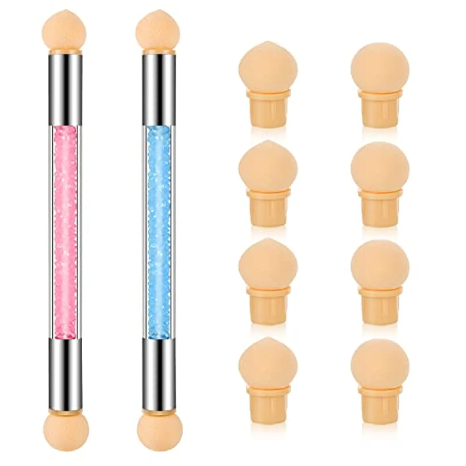 10 Pcs in 2 Set Nail Sponges for Ombre, 2 Pcs Double-Head Ombre Brush for Gel Nails with 8 Pcs Replacement Head (Pink, Blue)