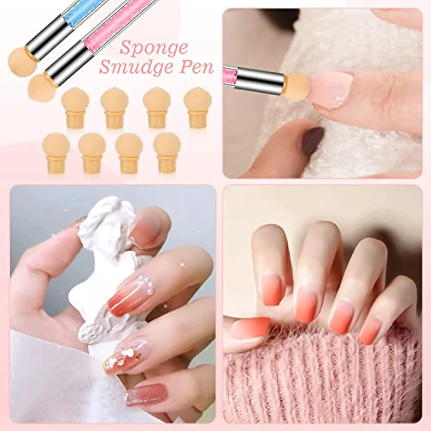 10 Pcs in 2 Set Nail Sponges for Ombre, 2 Pcs Double-Head Ombre Brush for Gel Nails with 8 Pcs Replacement Head (Pink, Blue)