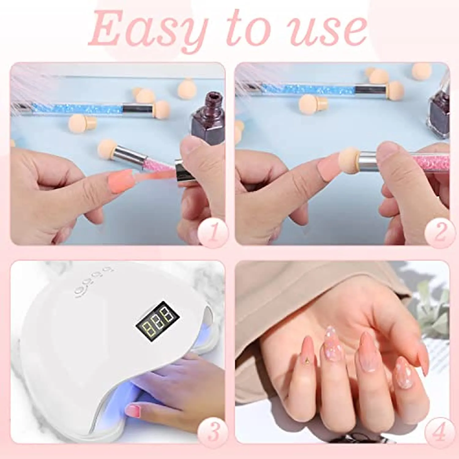 10 Pcs in 2 Set Nail Sponges for Ombre, 2 Pcs Double-Head Ombre Brush for Gel Nails with 8 Pcs Replacement Head (Pink, Blue)