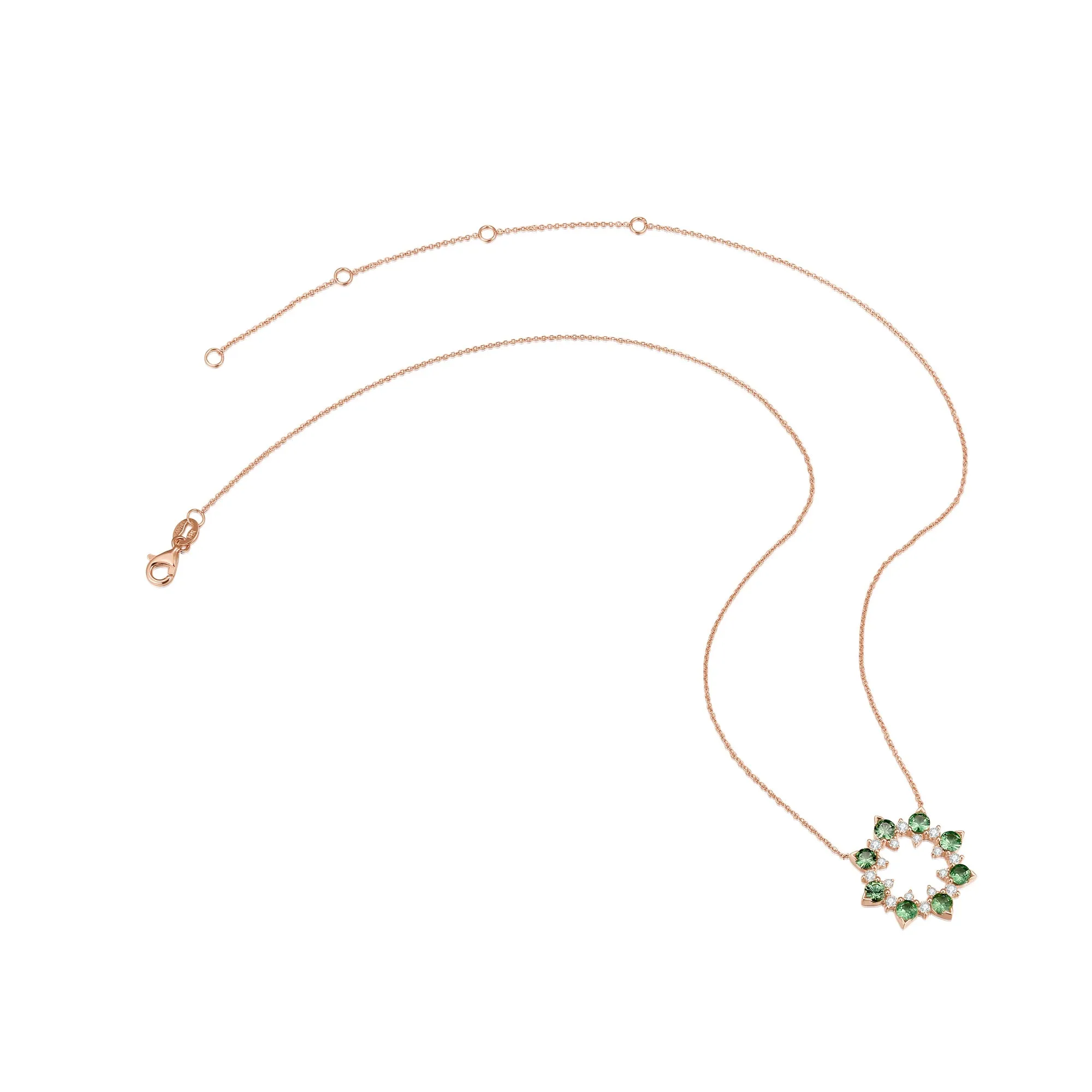 14K Solid Gold Natural 0.285ct Diamond (G-H, SI1-SI2) Green Sapphire Round Circle Pendant Necklace