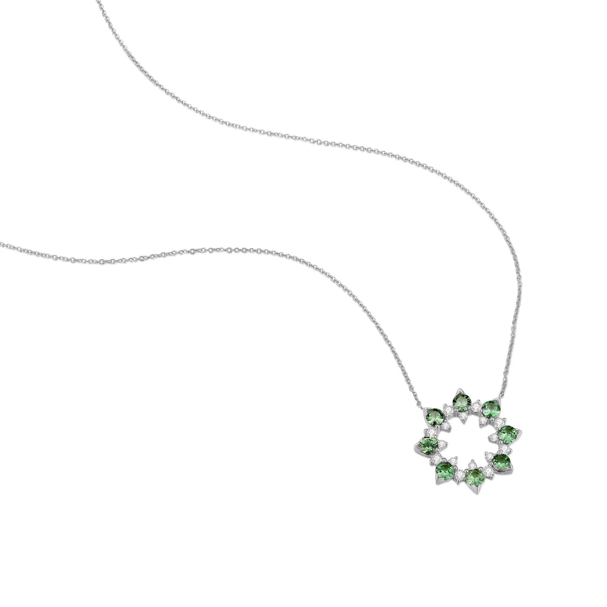 14K Solid Gold Natural 0.285ct Diamond (G-H, SI1-SI2) Green Sapphire Round Circle Pendant Necklace
