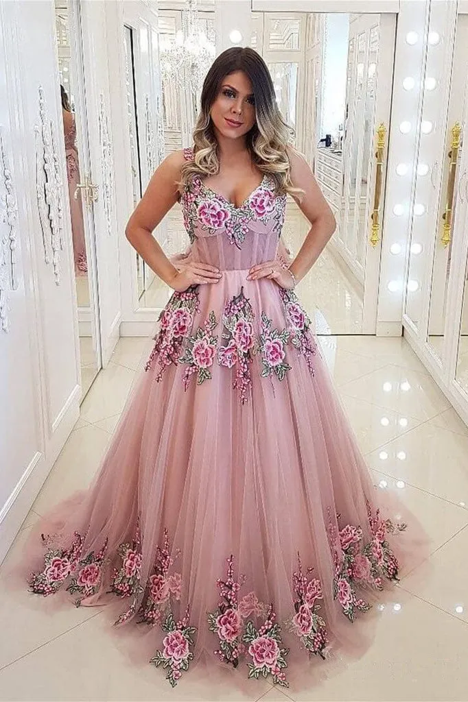Beautiful Pink Tulle Embroidery Lace Applique Long Pageant Prom Dress Evening Dress OHC426