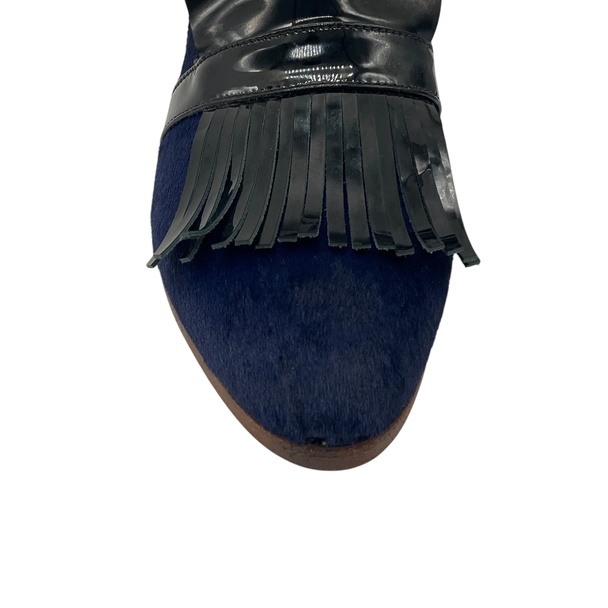 Billy Reid Navy Blue / Black Patent Leather Fringed Calf Hair Loafer