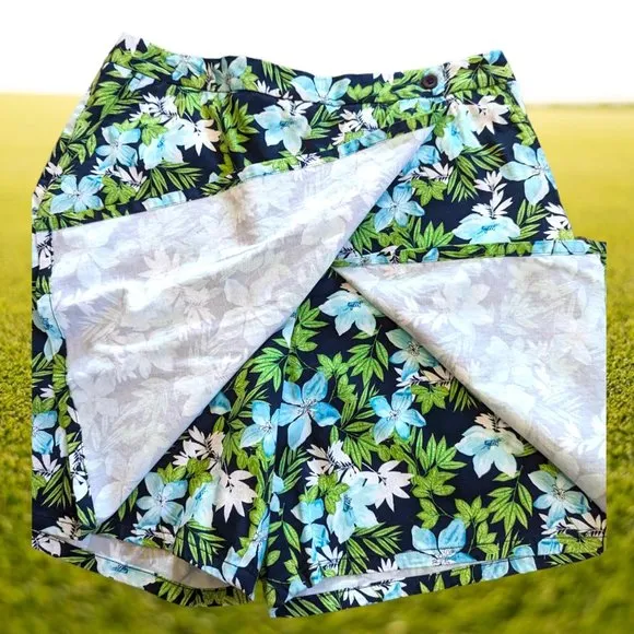 Charter Club Hawaiian Cotton Floral Golf Skort Preppy 14 Blue Green Black White