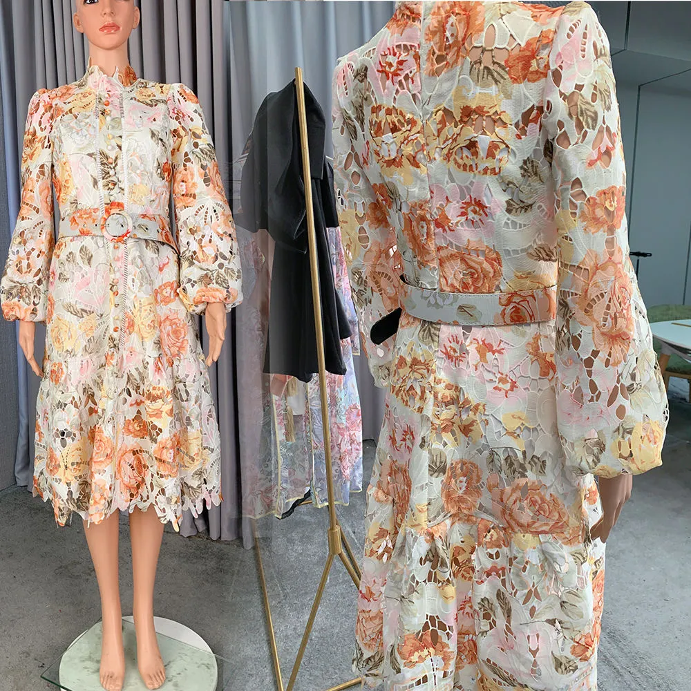 Embroidery hollow high-end Spot Floral Dress