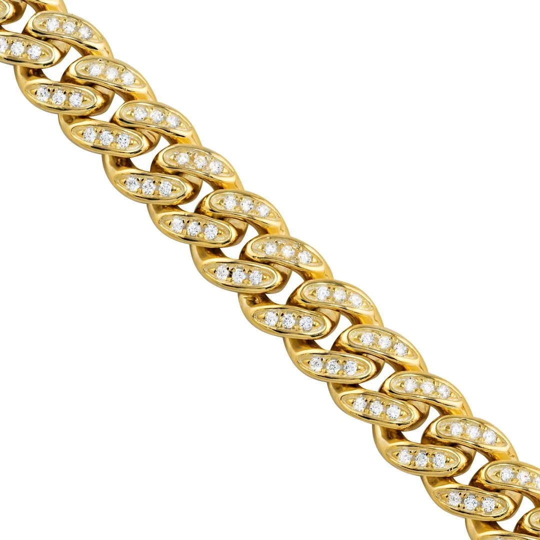 Gold Plated Silver Cubic Zirconia Stones Cuban Chain 14.1 Ctw 22 Inches 9 mm