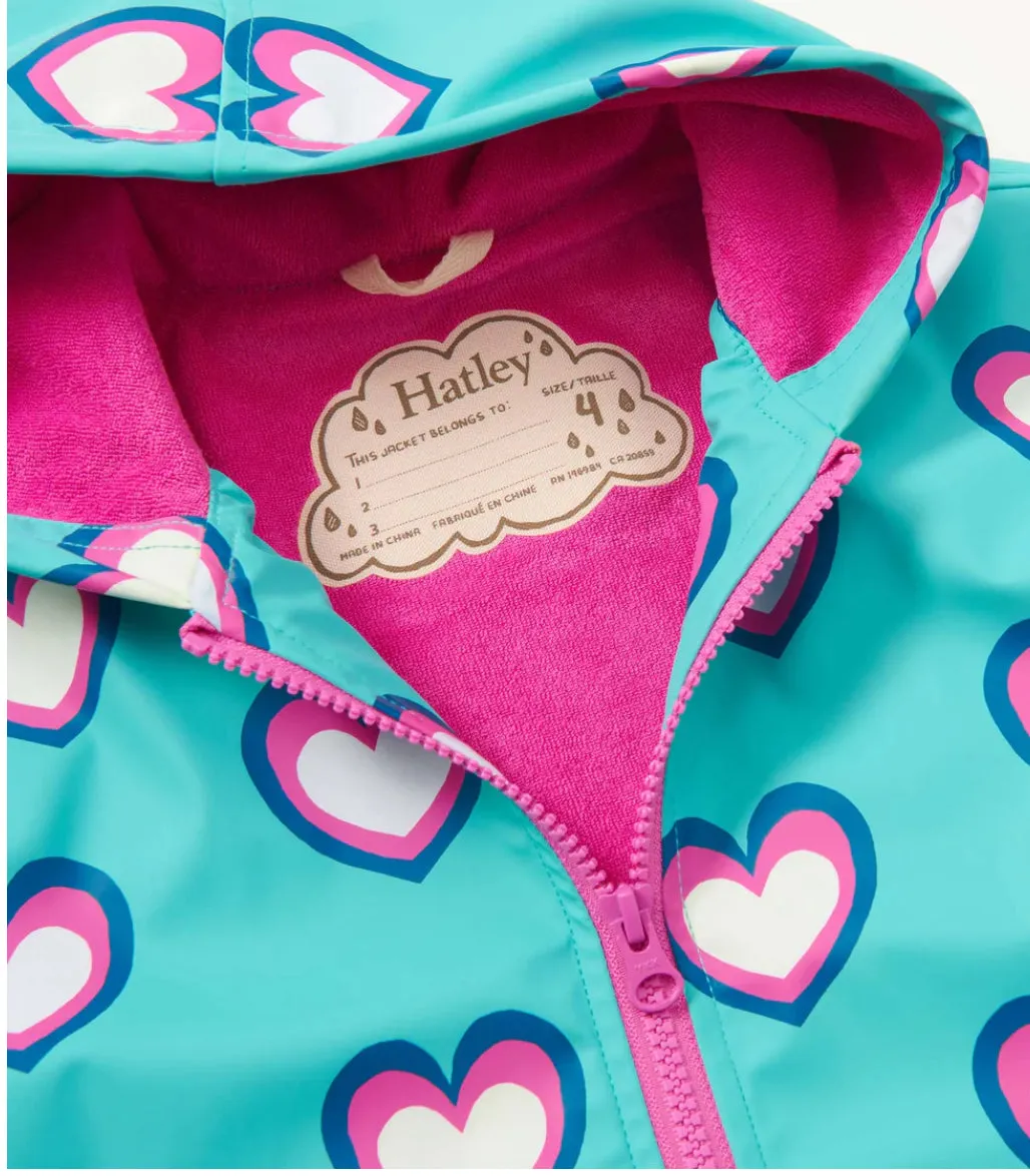 Hatley Girls Hearts Colour Changing Zip-Up Rain Jacket: Size 3-8 years
