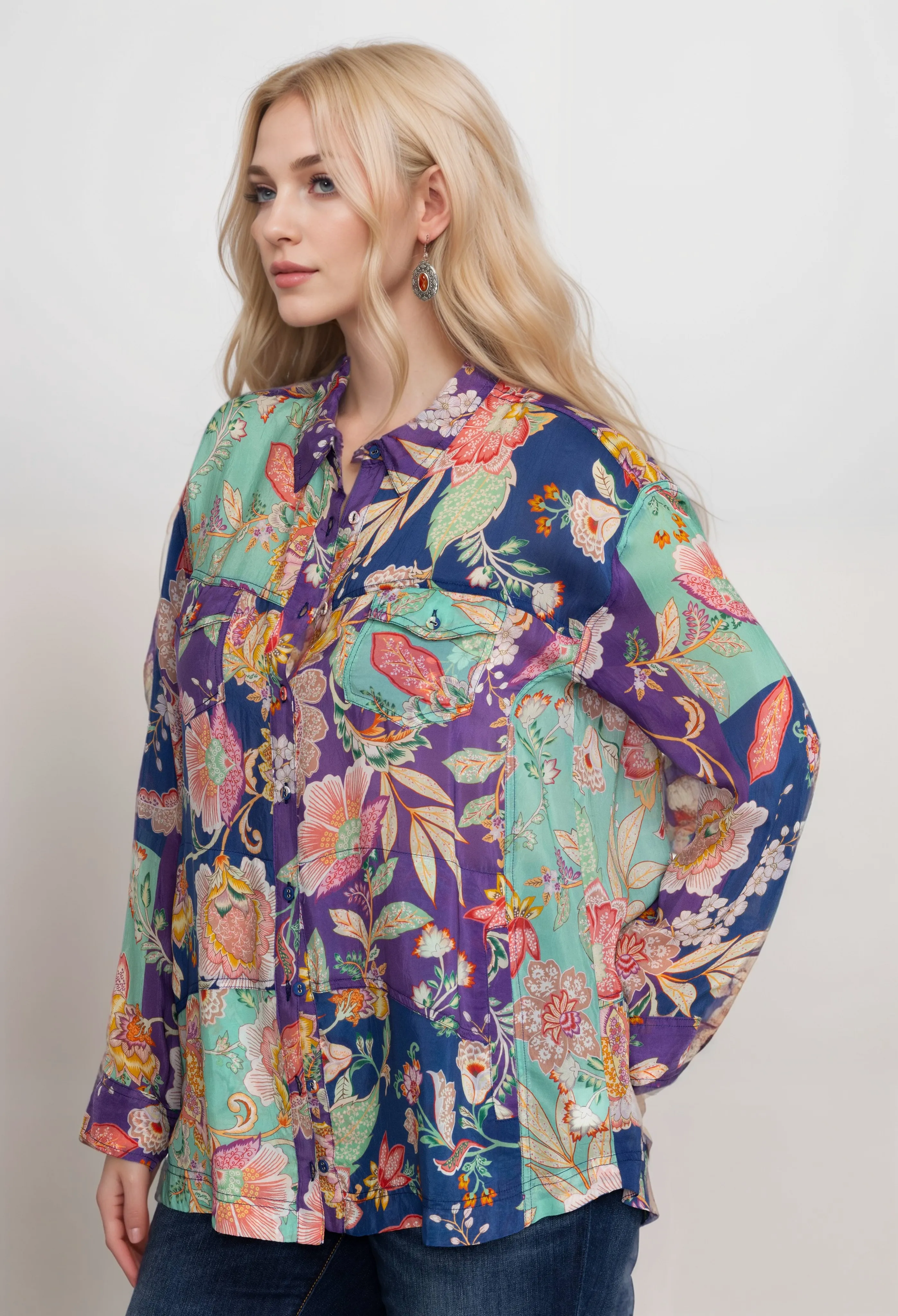 Johnny Was Womens Vivienne Leya Button Up Shirt C11524A Boho Chic Plus Size