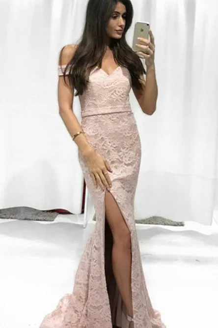 Mermaid Off-the-Shoulder Sweep Train Pink Lace Prom Dress with Split OHC073