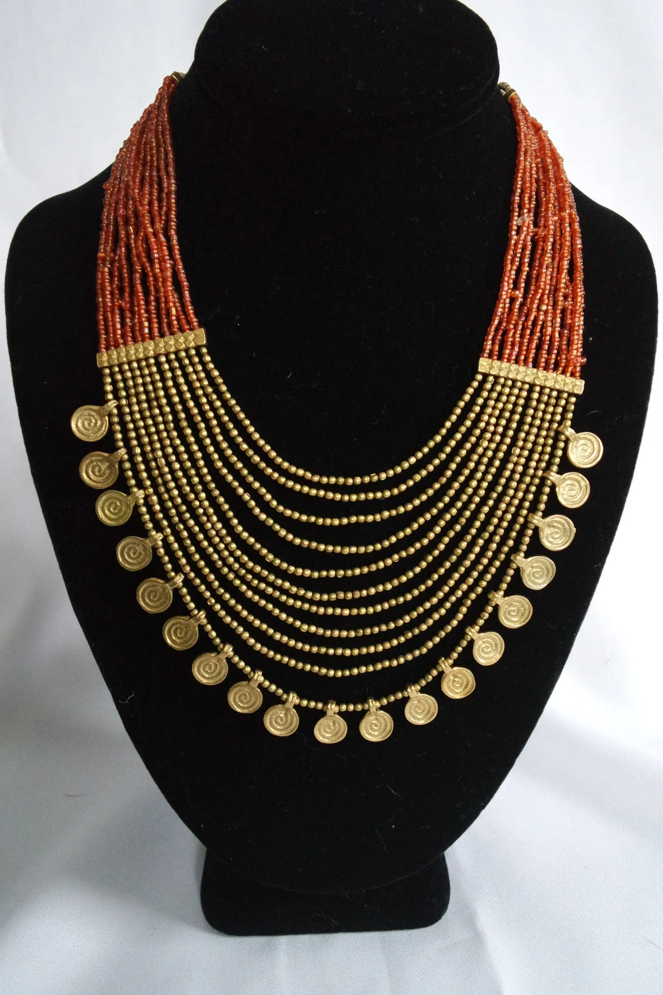 Naga India Necklace, "Elegant Tribal" Drapy Brass   Glass Beads- Many Colors!