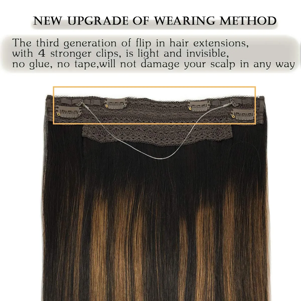 Ombre Natural Black Mixed Chestnut Brown Flip in Halo Hair Extensions