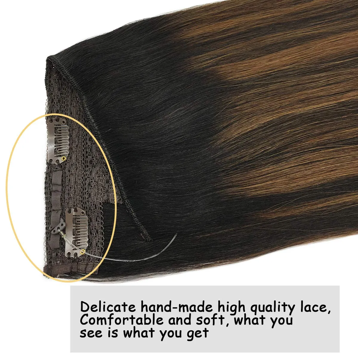 Ombre Natural Black Mixed Chestnut Brown Flip in Halo Hair Extensions