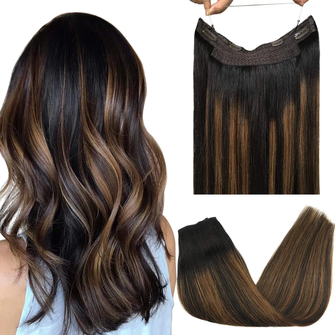 Ombre Natural Black Mixed Chestnut Brown Flip in Halo Hair Extensions