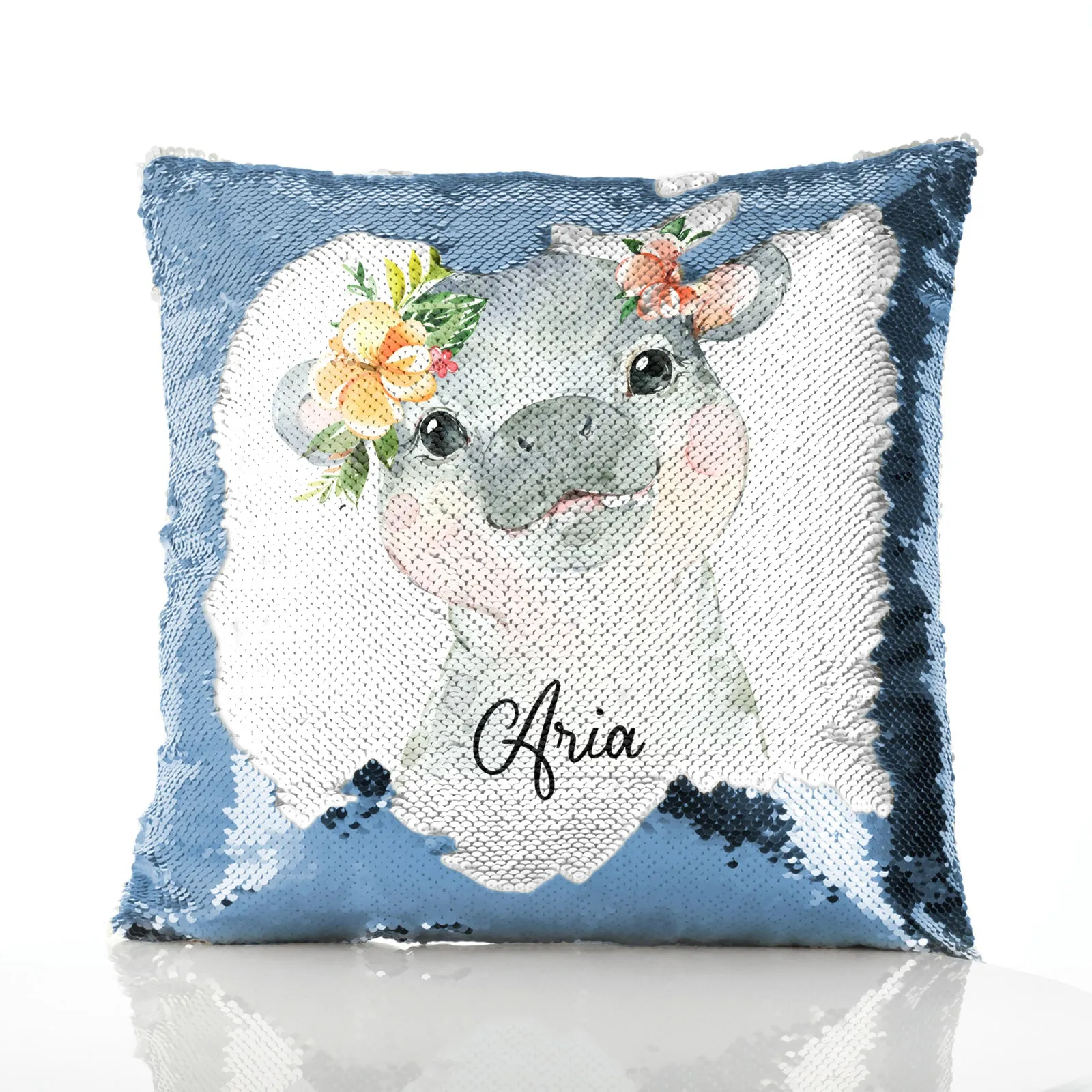 Personalised Sequin Cushion with Hippo Peach Flowers and Cute Text