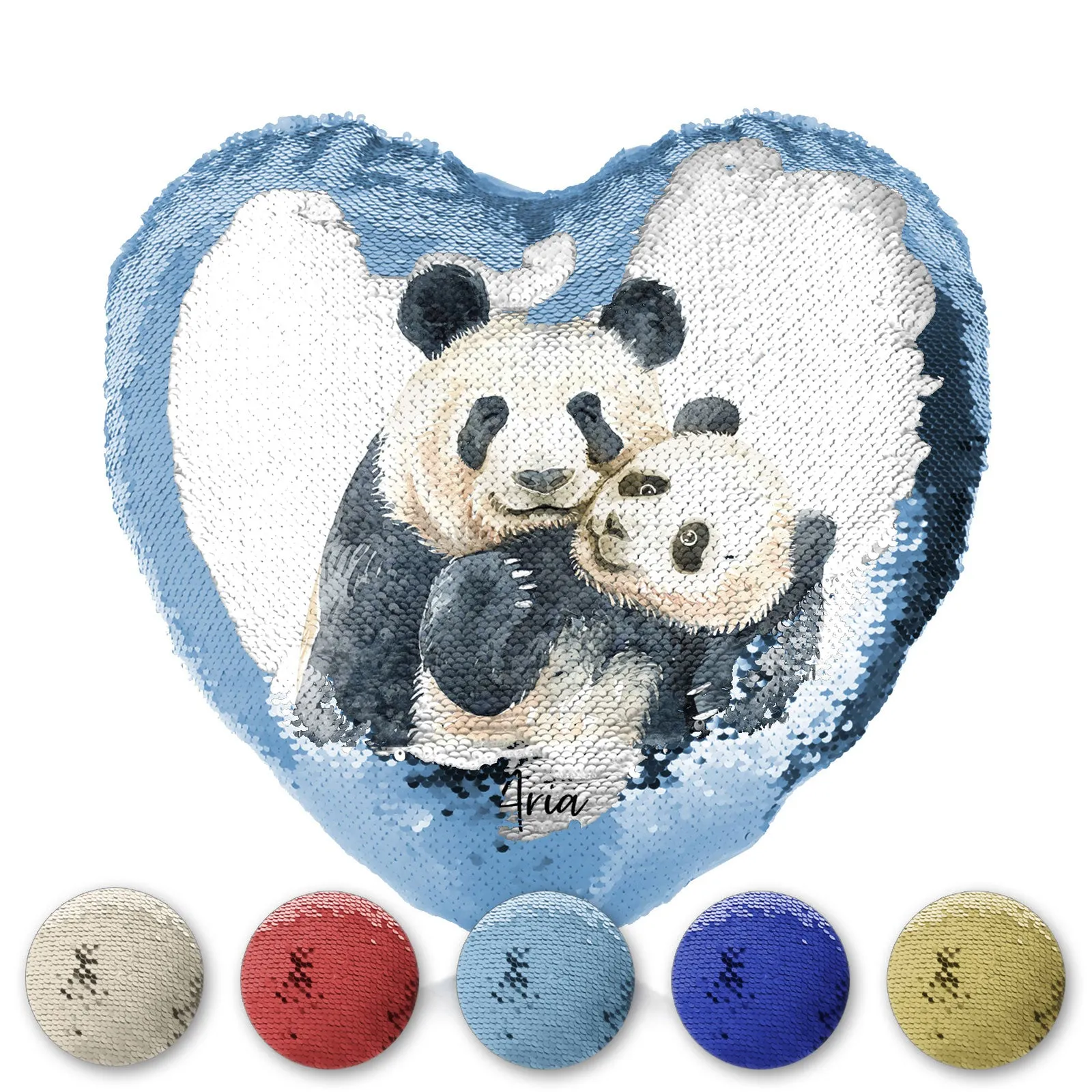 Personalised Sequin Heart Cushion with Welcoming Text and Embracing Mum and Baby Pandas