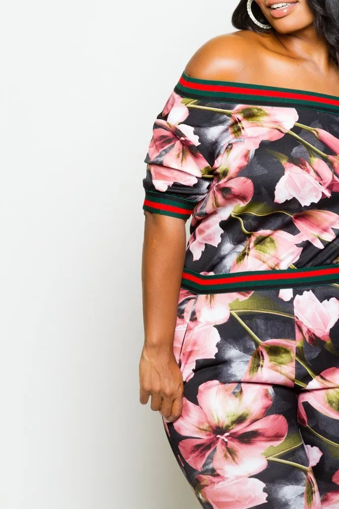 Plus Size Sexy Off-Shoulder Sporty Floral Jumper