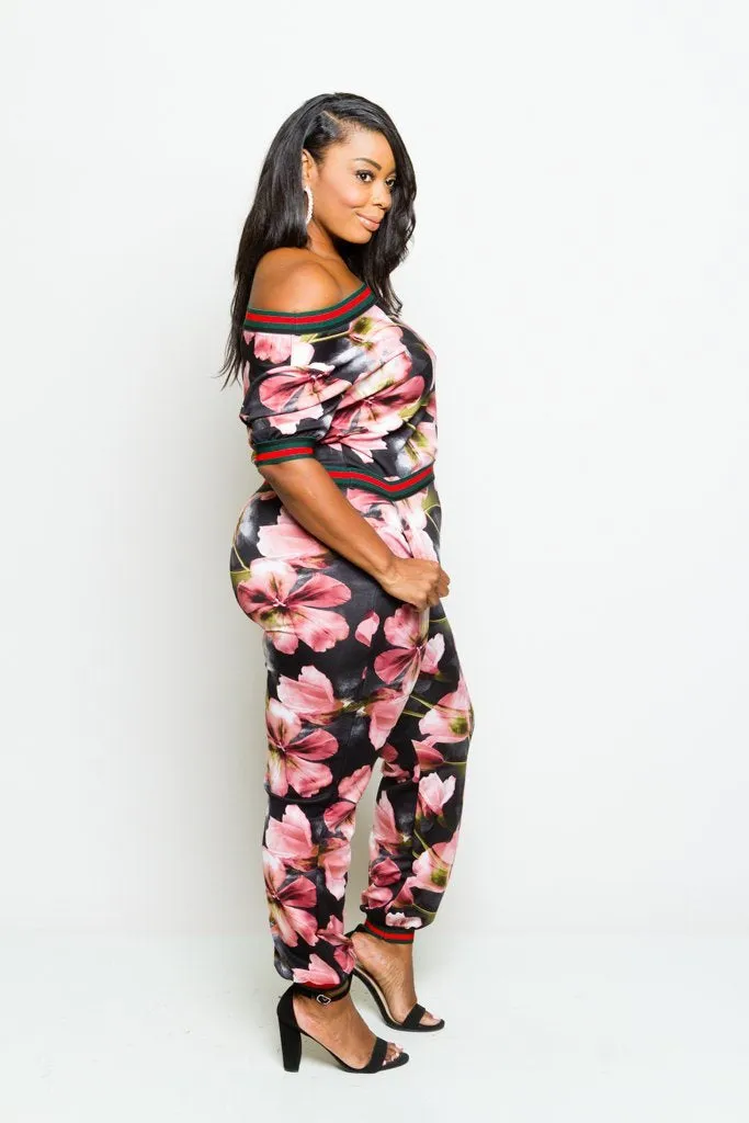 Plus Size Sexy Off-Shoulder Sporty Floral Jumper