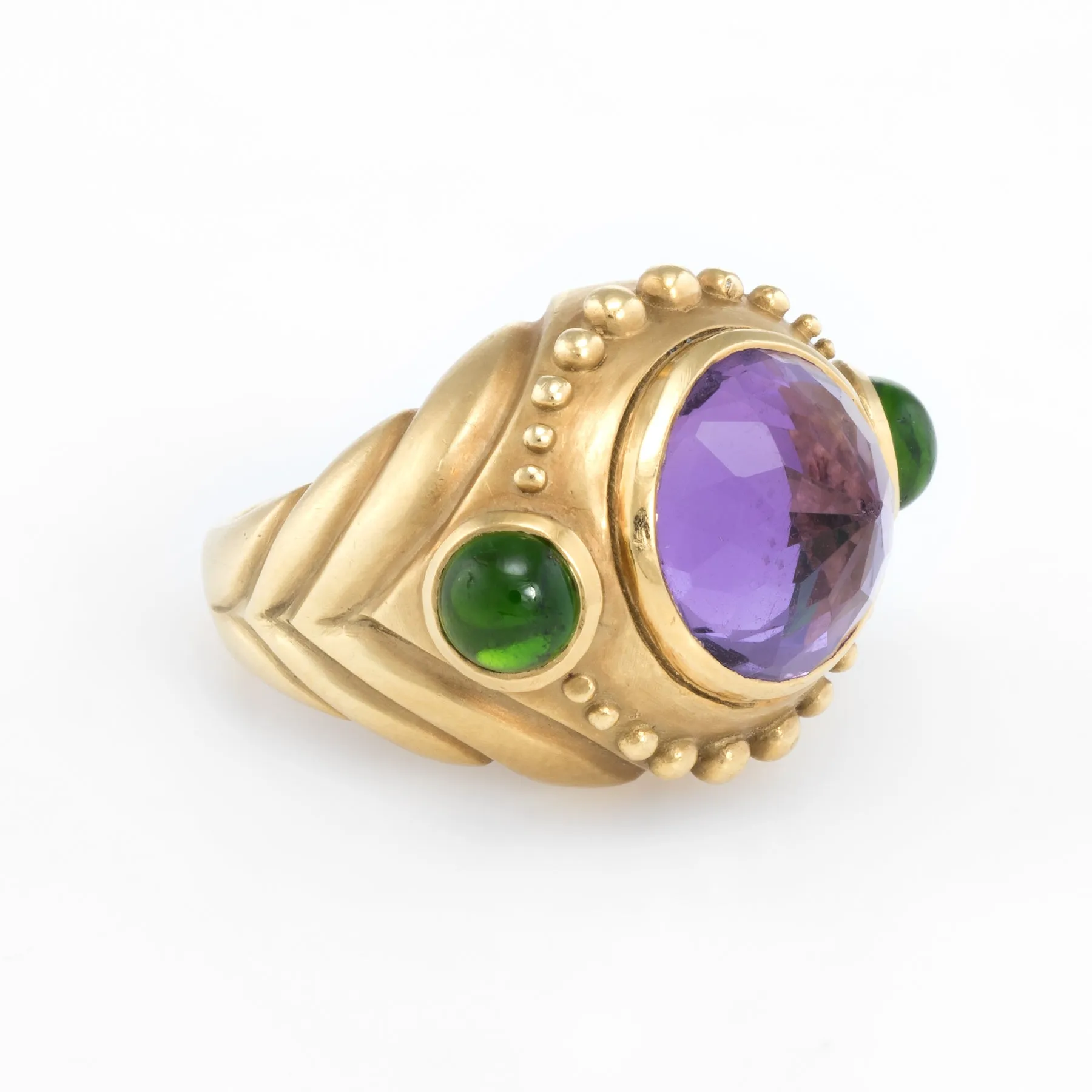 Pointed Amethyst Green Tourmaline Ring Vintage 18k Yellow Gold Fine Cocktail