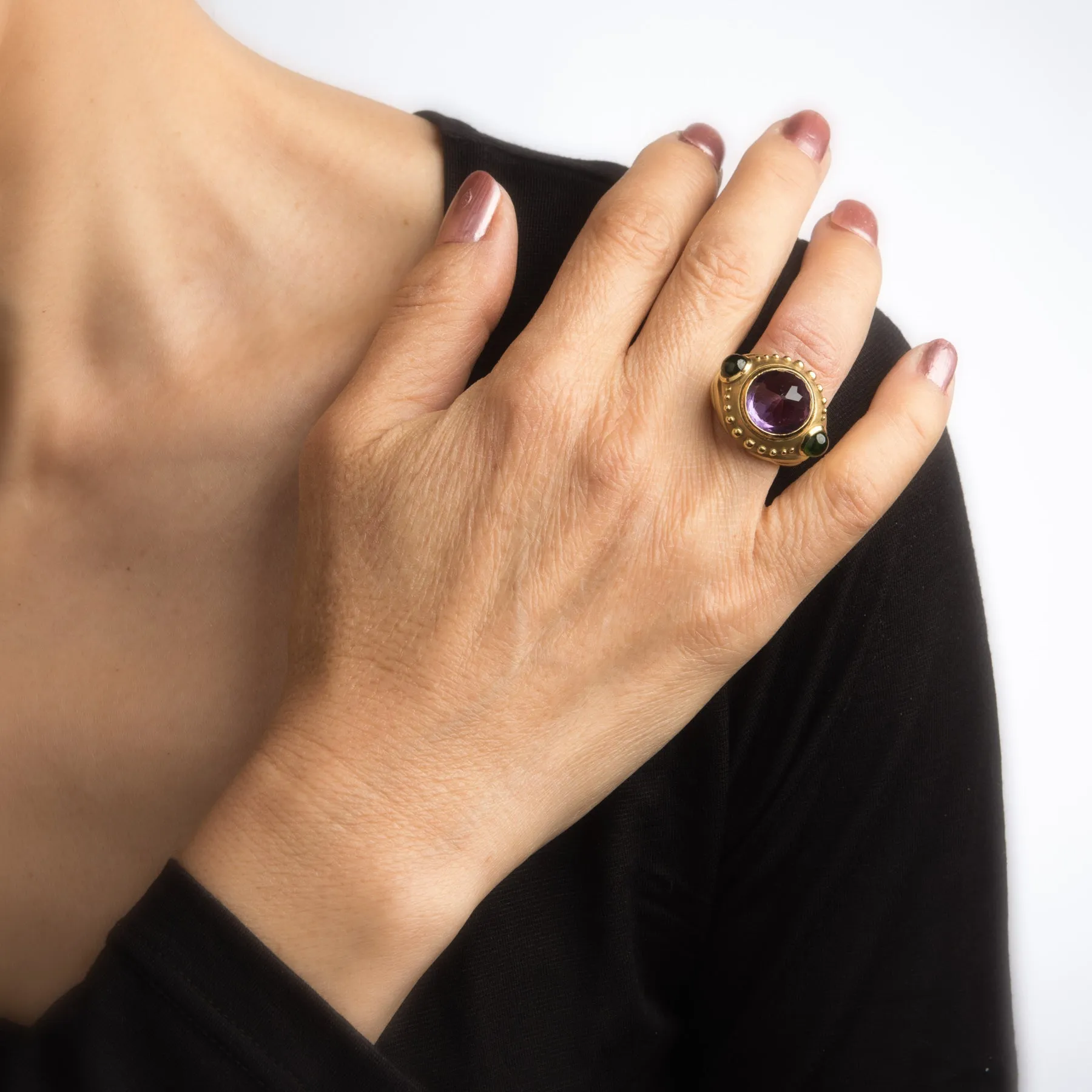 Pointed Amethyst Green Tourmaline Ring Vintage 18k Yellow Gold Fine Cocktail