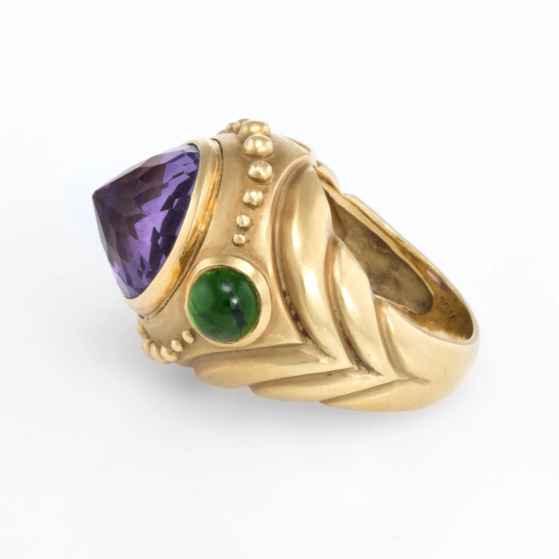 Pointed Amethyst Green Tourmaline Ring Vintage 18k Yellow Gold Fine Cocktail