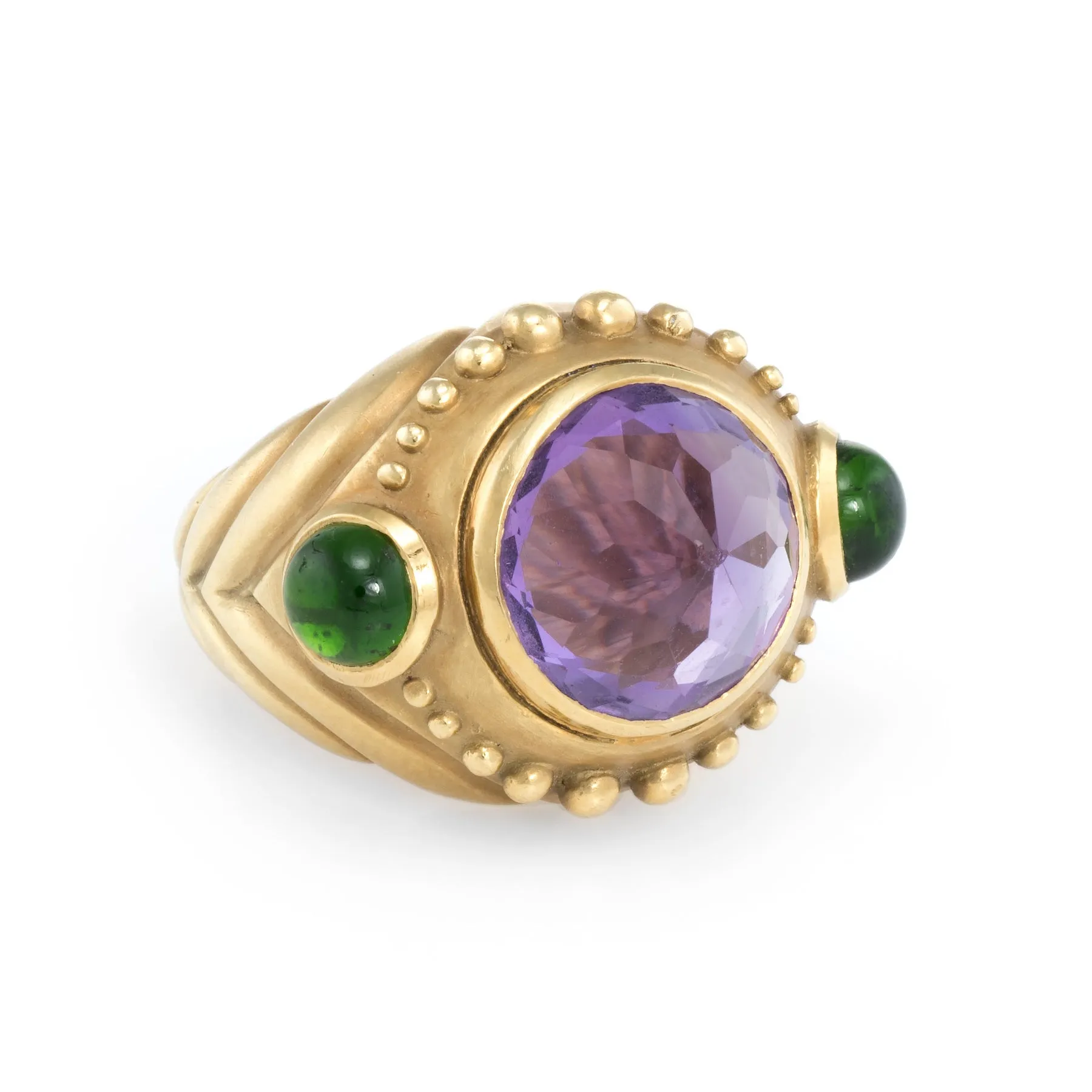 Pointed Amethyst Green Tourmaline Ring Vintage 18k Yellow Gold Fine Cocktail