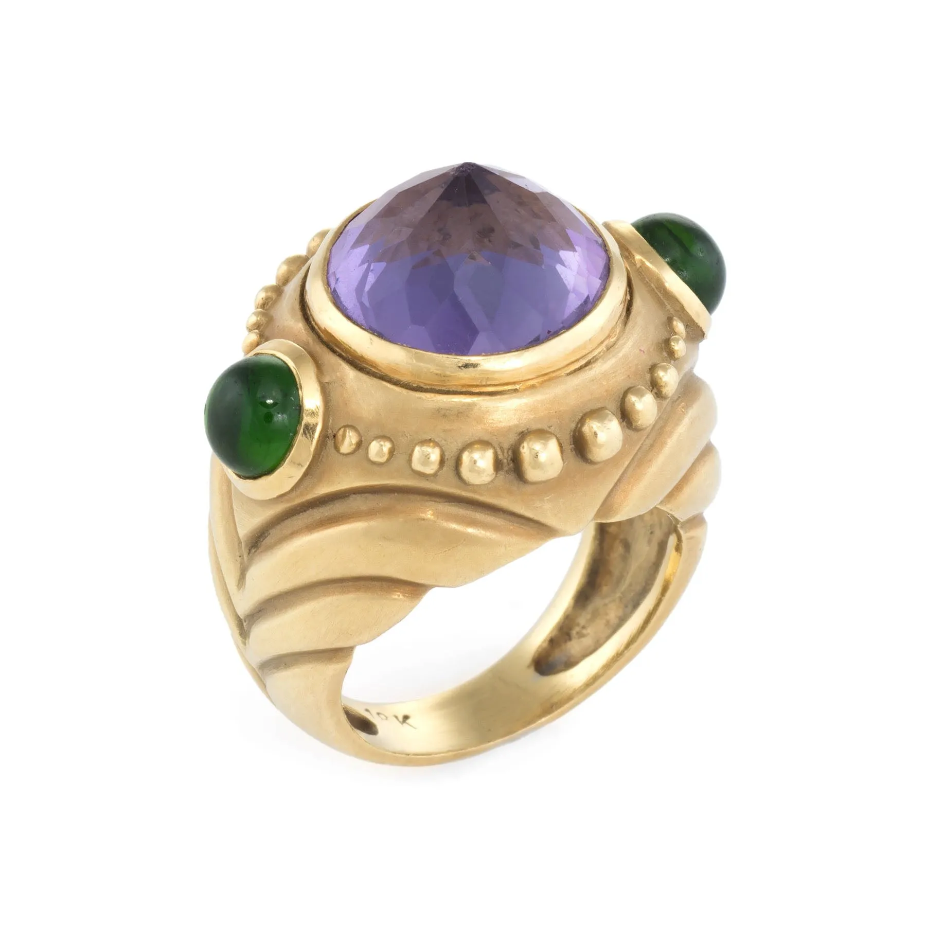Pointed Amethyst Green Tourmaline Ring Vintage 18k Yellow Gold Fine Cocktail