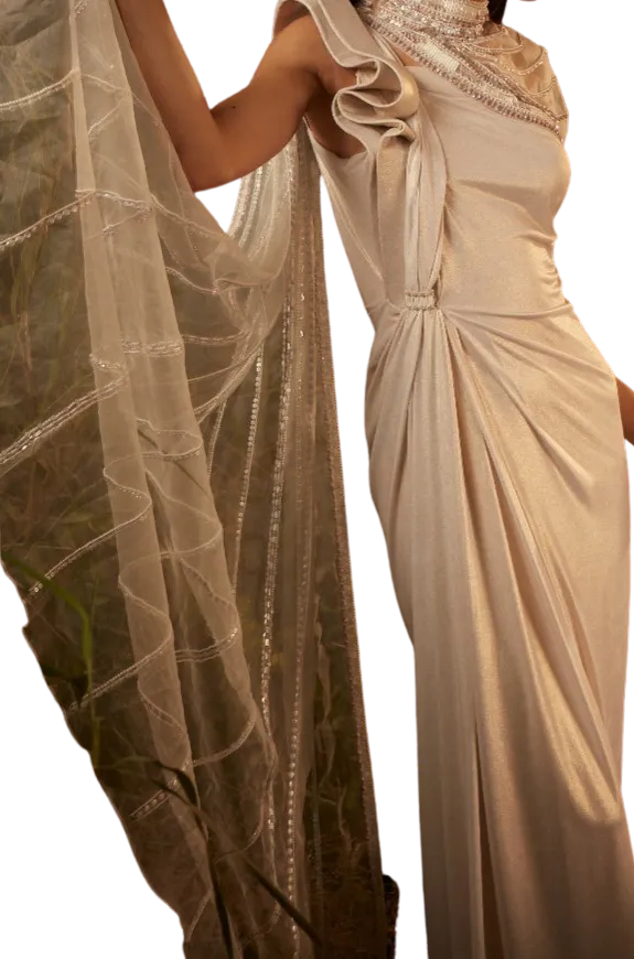 SAMPLE SALE: Pearl Ribbon Draped Sari Gown