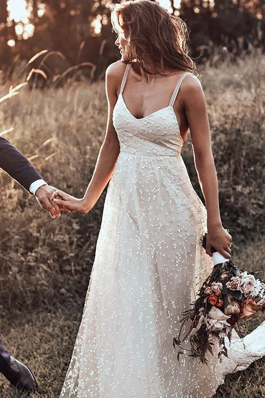 Simple A Line Spaghetti Strap Sweep Train Sleeveless Backless Tulle Long Bridal Gown Wedding Dress OHD154