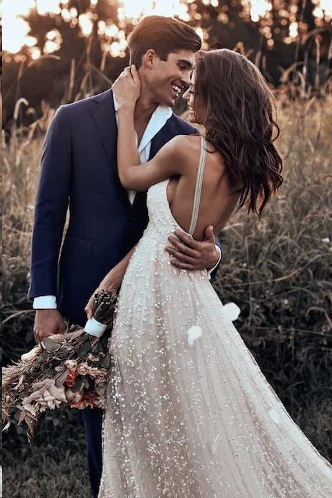 Simple A Line Spaghetti Strap Sweep Train Sleeveless Backless Tulle Long Bridal Gown Wedding Dress OHD154