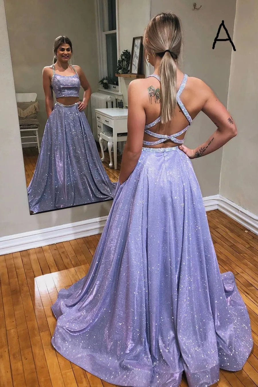 Sparkle Two Piece Lavender Sleeveless Tulle A-Line Sequins Prom Dress OHC441