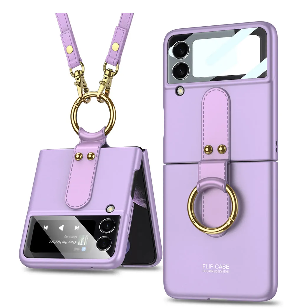 Ultra-thin Back Screen Glass Case Cover For Samsung Galaxy Z Flip 3 5G Case Finger-Ring Plastic Hard Cover For Samsung Flip3