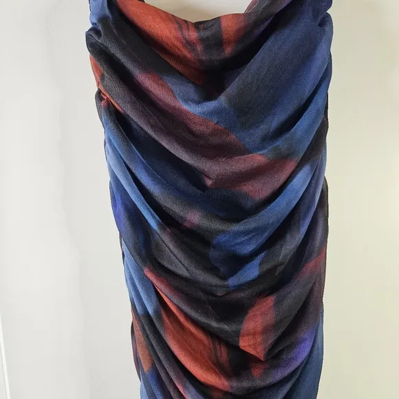 ZARA Ruched pencil skirt blue &amp; red lined mesh NWOT Size S 044