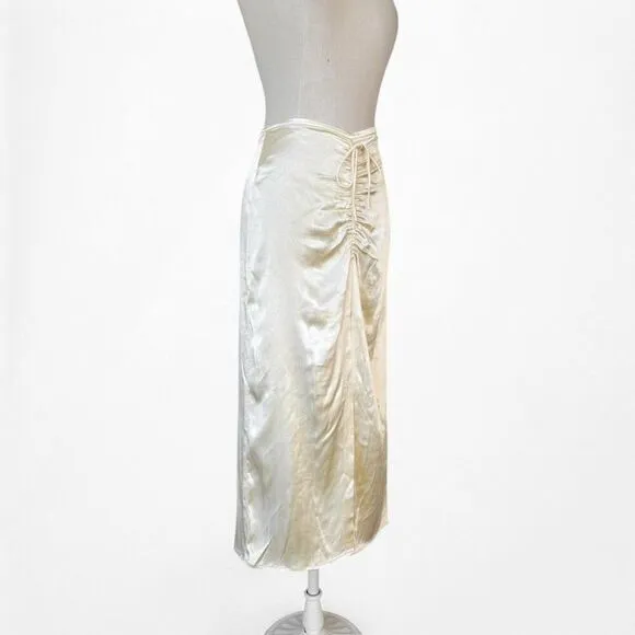 Zara Yellow Satin Pleated Tie Front Slit Midi Pencil Bodycon Skirt Size XS