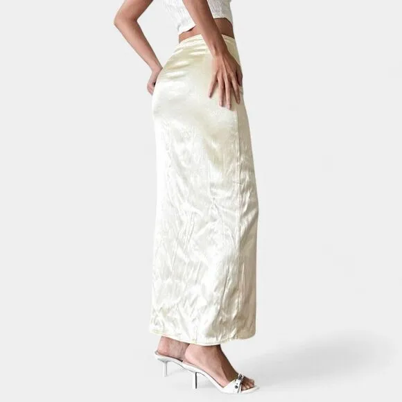 Zara Yellow Satin Pleated Tie Front Slit Midi Pencil Bodycon Skirt Size XS