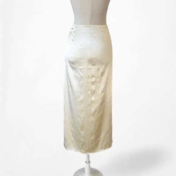 Zara Yellow Satin Pleated Tie Front Slit Midi Pencil Bodycon Skirt Size XS