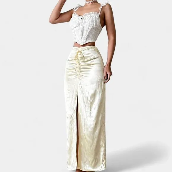 Zara Yellow Satin Pleated Tie Front Slit Midi Pencil Bodycon Skirt Size XS