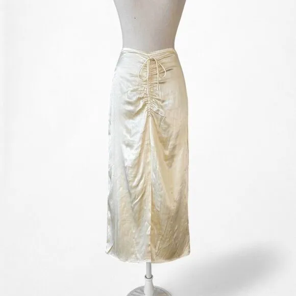 Zara Yellow Satin Pleated Tie Front Slit Midi Pencil Bodycon Skirt Size XS